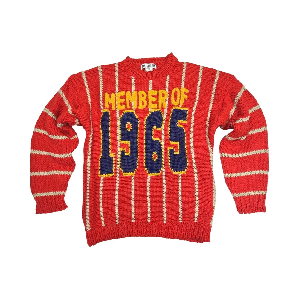 One Step Up Vintage 60s Red Striped Knit Sweater Member of 1965 Graphic MD - Picture 5 of 10